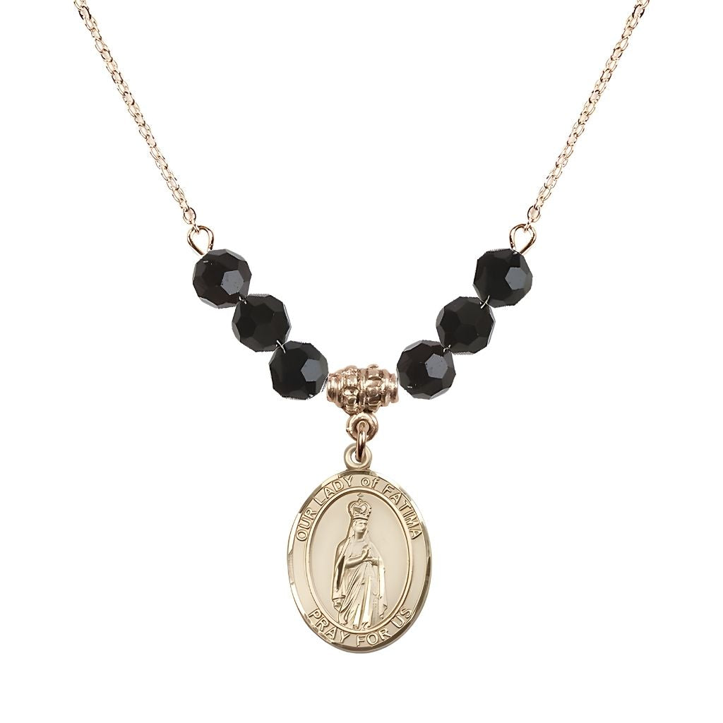 Bliss Our Lady of Fatima Gold-filled 6mm Jet Black Beaded Necklace, Measures 3/4 inch tall by 1/2-inch wide, Gift Box