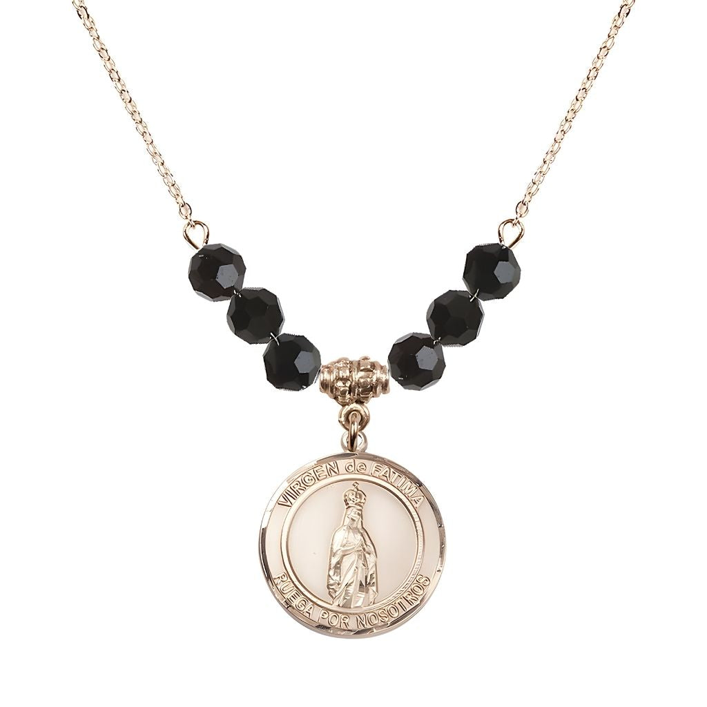 Bliss Virgen de Fatima Round 14kt Gold-filled 6mm Jet Black Beaded Necklace, Measures 3/4 inch tall by 1/2-inch wide, Gift Box
