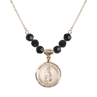 Virgen de Fatima Round 14kt Gold-filled 6mm Jet Black Beaded Necklace, Measures 3/4 inch tall by 1/2-inch wide, Gift Box, Bliss Manufacturing