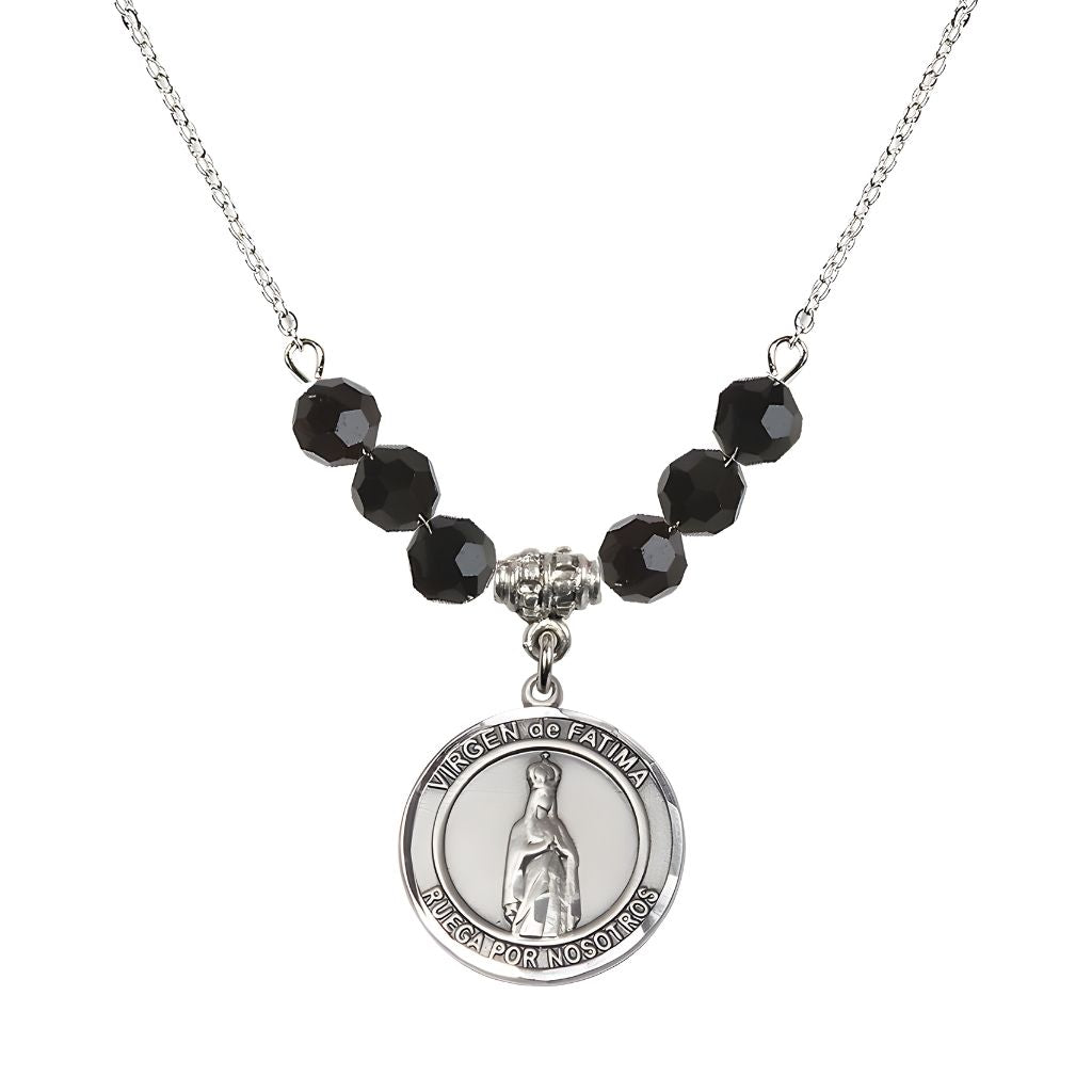 Bliss Virgen de Fatima Round Sterling Silver 6mm Jet Black Beaded Necklace, Measures 3/4 inch tall by 1/2-inch wide, Gift Box