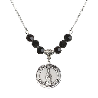 Virgen de Fatima Round Sterling Silver 6mm Jet Black Beaded Necklace, Measures 3/4 inch tall by 1/2-inch wide, Gift Box, Bliss Manufacturing