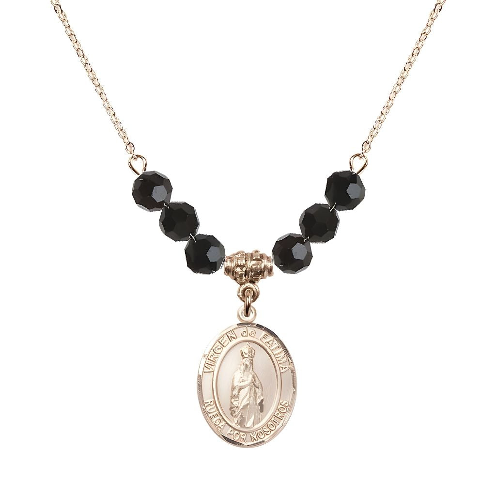 Bliss Virgen de Fatima 14kt Gold-filled 6mm Jet Black Beaded Necklace, Measures 3/4 inch tall by 1/2-inch wide, Gift Box