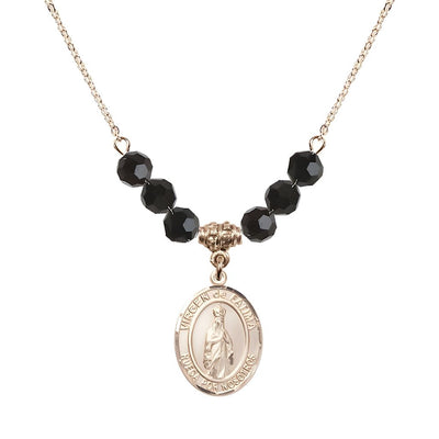 Virgen de Fatima 14kt Gold-filled 6mm Jet Black Beaded Necklace, Measures 3/4 inch tall by 1/2-inch wide, Gift Box, Bliss Manufacturing