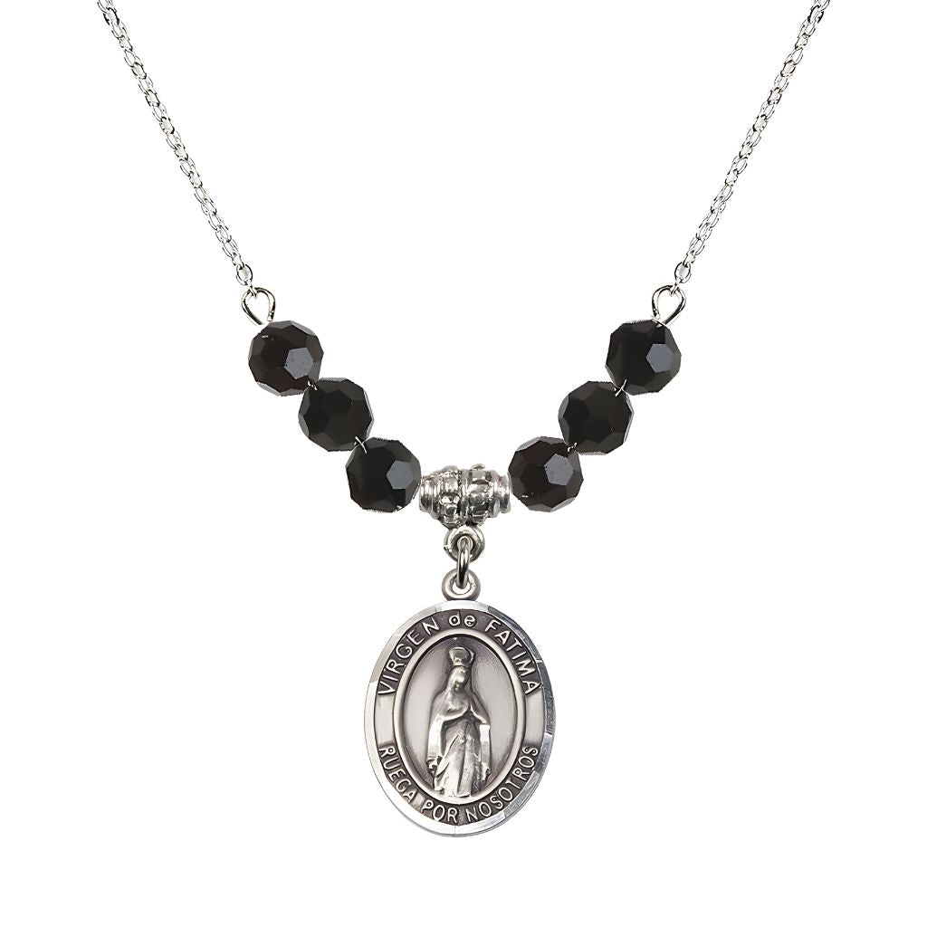 Bliss Virgen de Fatima Oval Sterling Silver 6mm Jet Black Beaded Necklace, Measures 3/4 inch tall by 1/2-inch wide, Gift Box