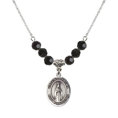Virgen de Fatima Oval Sterling Silver 6mm Jet Black Beaded Necklace, Measures 3/4 inch tall by 1/2-inch wide, Gift Box, Bliss Manufacturing