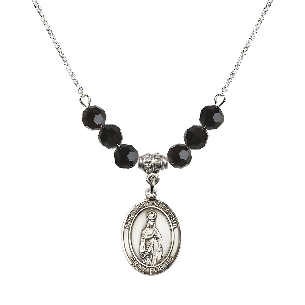 Bliss Our Lady of Fatima Sterling Silver 6mm Jet Black Beaded Necklace, Measures 3/4 inch tall by 1/2-inch wide, Gift Box