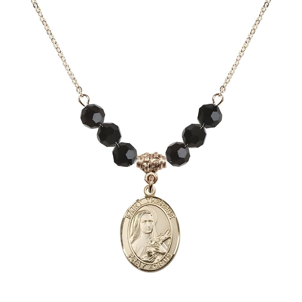 Bliss St. Therese of Lisieux Gold-filled Birthstone Necklace with 6mm Austrian crystal in black jet beads