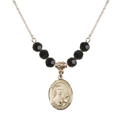 St. Therese of Lisieux Gold-filled Birthstone Necklace with 6mm Austrian crystal in black jet beads, Bliss Manufacturing