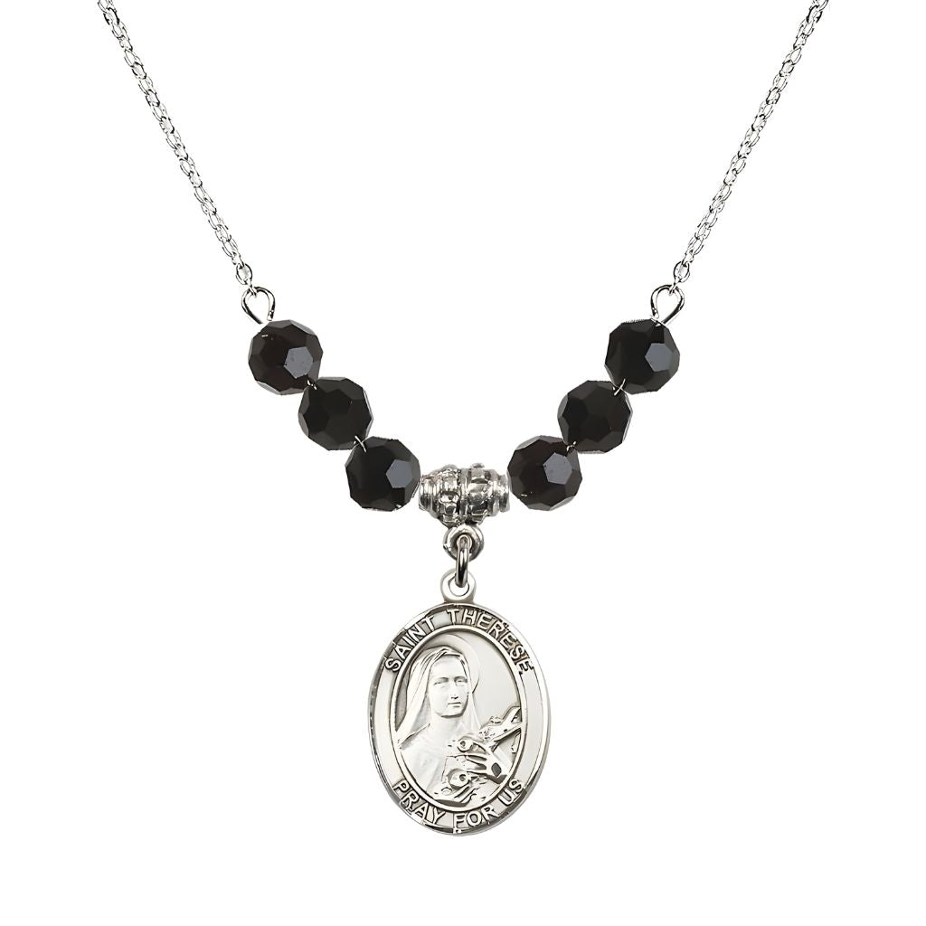 Bliss St. Therese of Lisieux Sterling Silver Medal and Birthstone 6mm Black Jet Crystal Necklace