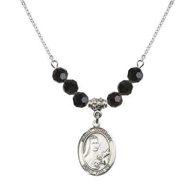 St. Therese of Lisieux Sterling Silver Medal and Birthstone 6mm Black Jet Crystal Necklace, Bliss Manufacturing