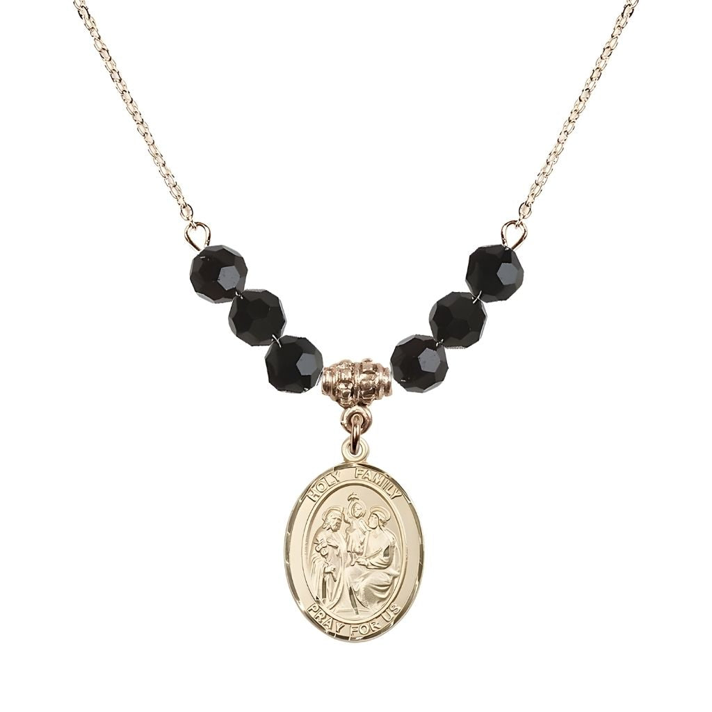 Bliss Holy Family Beaded Necklace with Gold-filled Medal, 6mm Austrian Crystal Black Jet