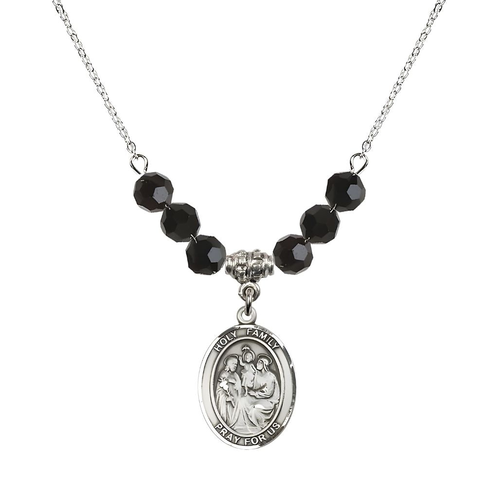 Bliss Holy Family Beaded Necklace with Sterling Silver Medal, 6mm Austrian Crystal Black Jet