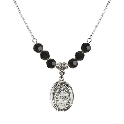 Holy Family Beaded Necklace with Sterling Silver Medal, 6mm Austrian Crystal Black Jet, Bliss Manufacturing