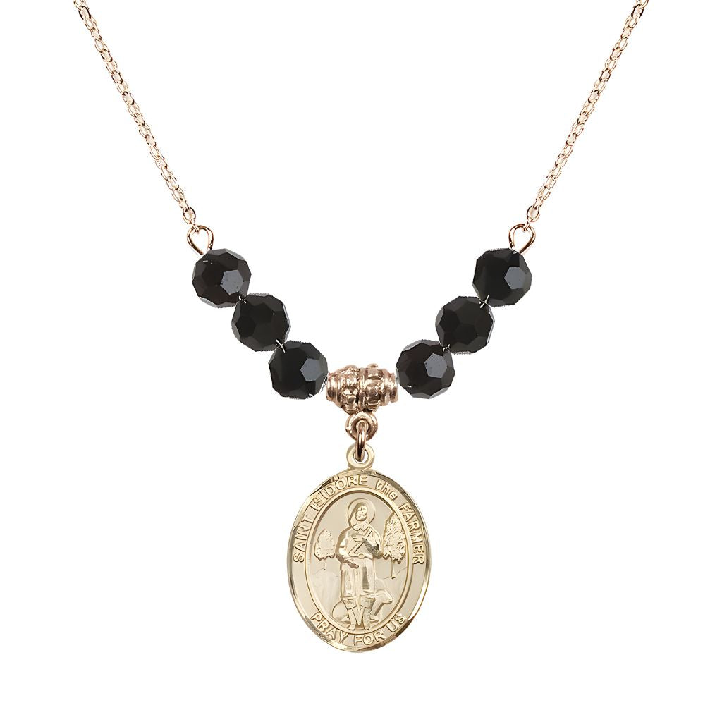 Bliss St. Isidore the Farmer Oval 14kt Gold-filled 6mm Jet Black Austrian Crystal Beaded Necklace, Measures 3/4 inch tall by 1/2-inch wide, Gift Box.
