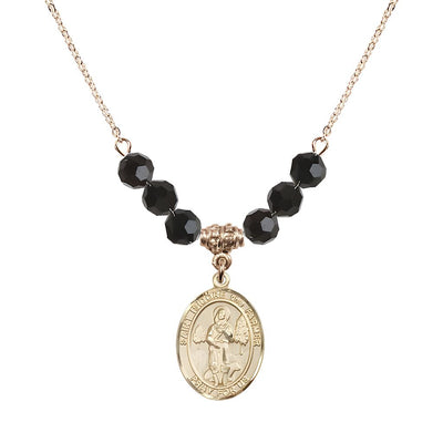 St. Isidore the Farmer Oval 14kt Gold-filled 6mm Jet Black Austrian Crystal Beaded Necklace, Measures 3/4 inch tall by 1/2-inch wide, Gift Box, Bliss Manufacturing