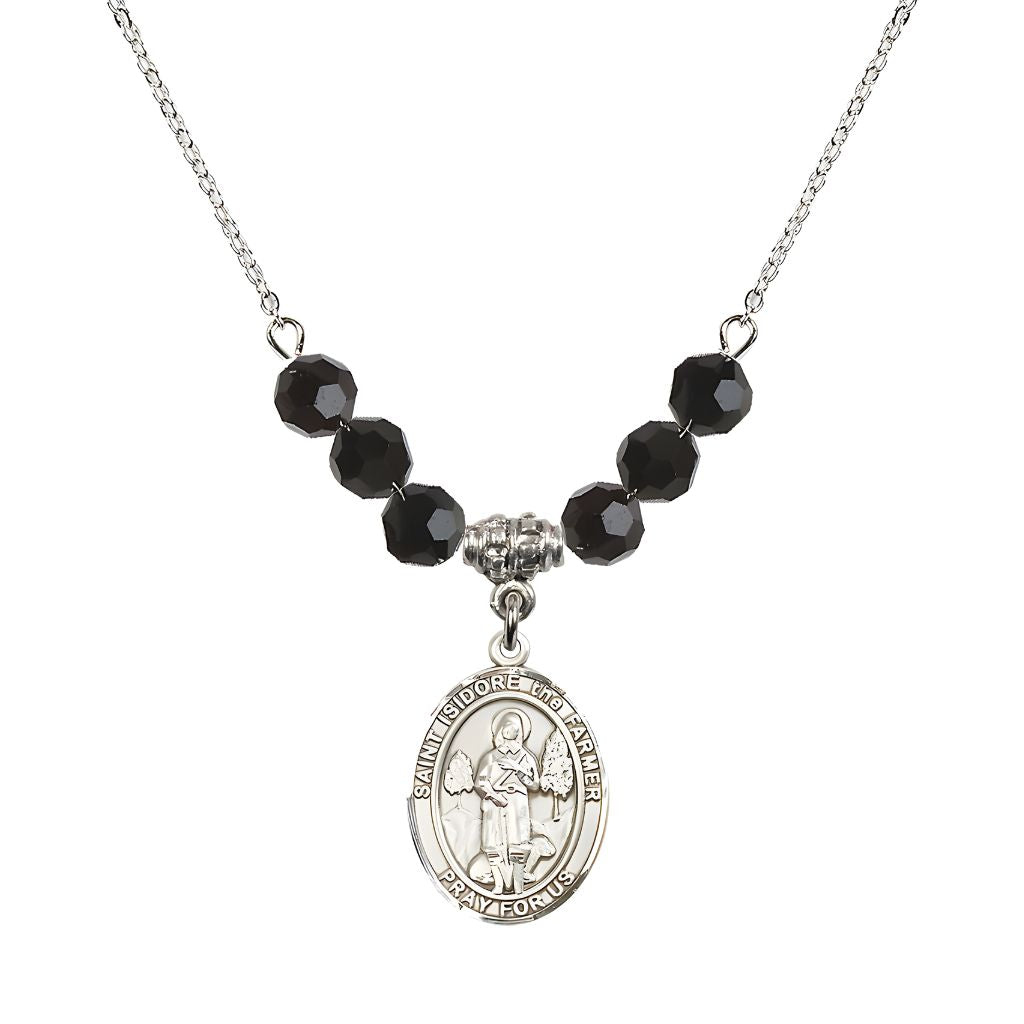 Bliss St. Isidore the Farmer Oval Sterling Silver 6mm Jet Black Austrian Crystal Beaded Necklace, Measures 3/4 inch tall by 1/2-inch wide, Gift Box.