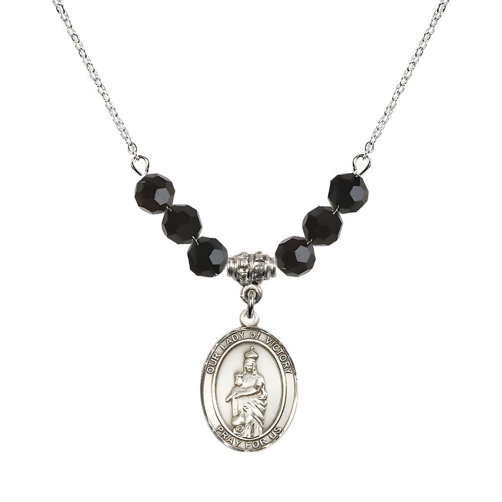 Bliss Our Lady of Victory Sterling Silver 6mm Jet Black Austrian Crystal Beaded Necklace with Plated Chain