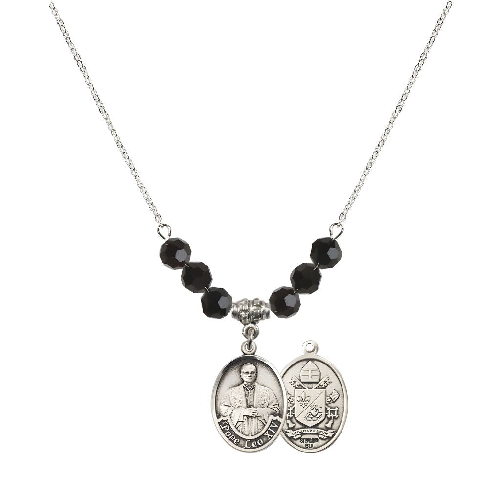 Bliss Pope Leo XIV Crystal Sterling Silver Medal Beaded Necklace with Jet Black Beads,