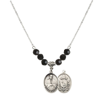 Pope Leo XIV Crystal Sterling Silver Medal Beaded Necklace with Jet Black Beads, Bliss Manufacturing