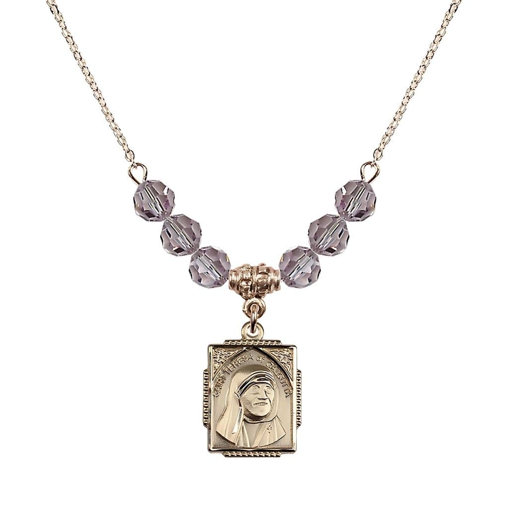 Bliss St. Teresa of Calcutta Square 14kt Gold-filled Light Amethyst Crystal Birthstone Necklace,