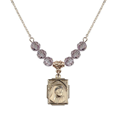 St. Teresa of Calcutta Square 14kt Gold-filled Light Amethyst Crystal Birthstone Necklace, Bliss Manufacturing