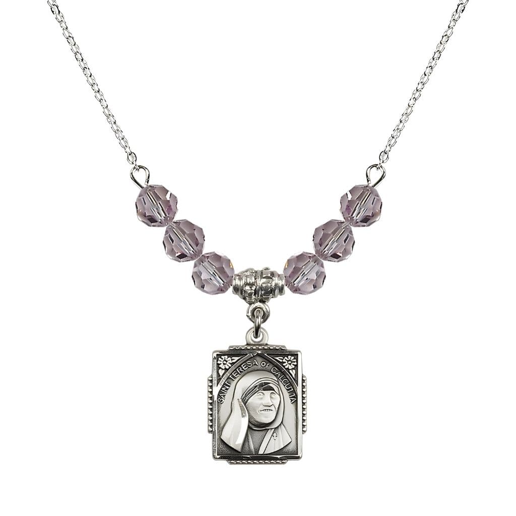 Bliss St. Teresa of Calcutta Square Sterling Silver Light Amethyst Crystal Birthstone Necklace,