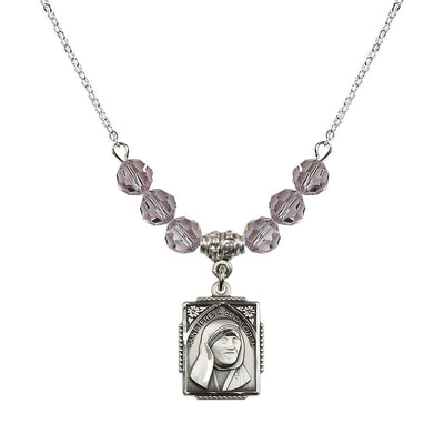 St. Teresa of Calcutta Square Sterling Silver Light Amethyst Crystal Birthstone Necklace, Bliss Manufacturing