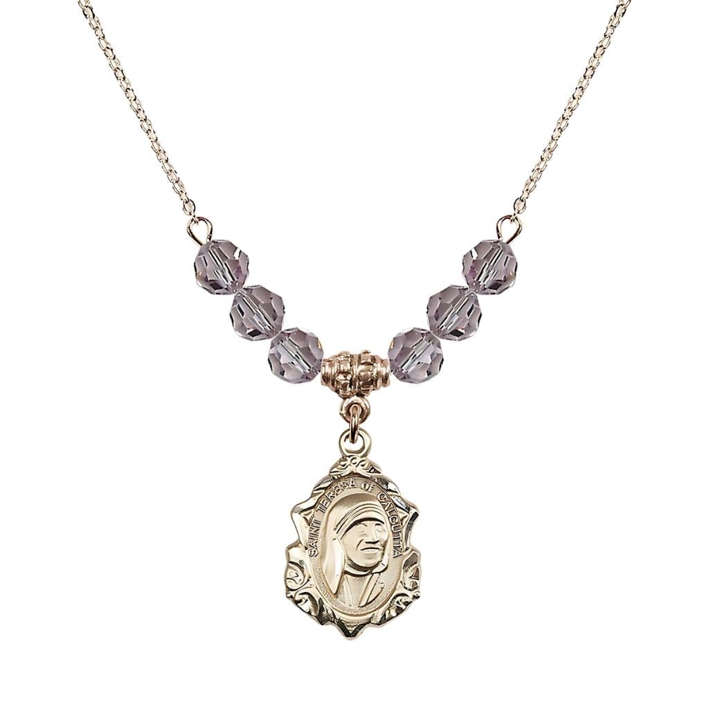 Bliss St. Teresa of Calcutta 14kt Gold-filled Crystal Birthstone Necklace with 6mm Light Amethyst Crystal Beads