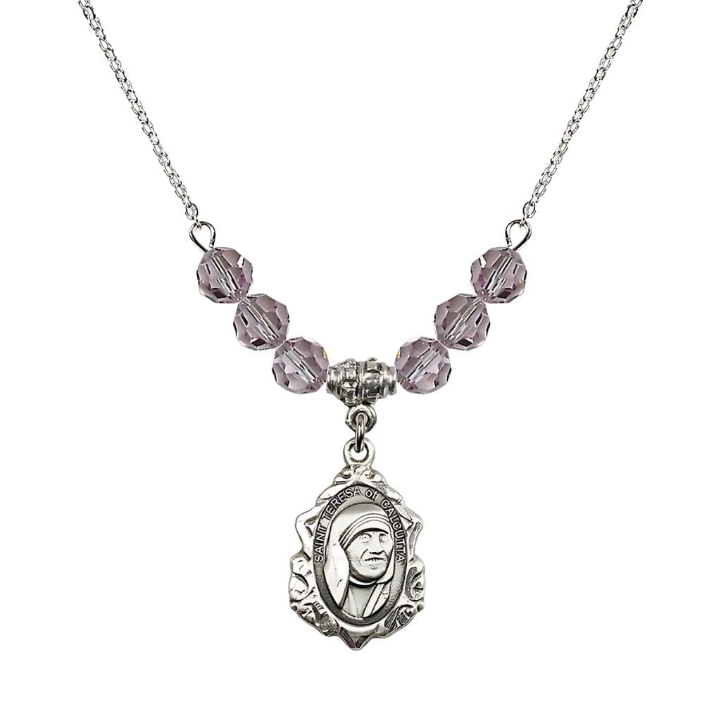 Bliss St. Teresa of Calcutta Sterling Silver Crystal Birthstone Necklace with 6mm Light Amethyst Crystal Beads