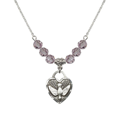 Dove Confirmation Heart Medal with 6mm Light Amethyst Crystal Bead Necklace, 3/4 inch tall by 5/8 inch wide, Bliss Manufacturing