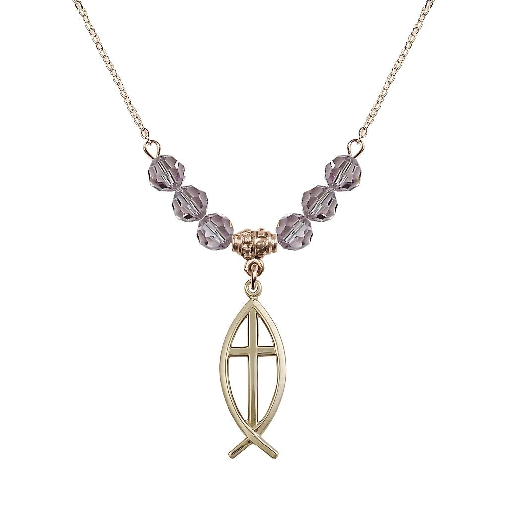 Bliss Fish Cross Crystal Light Amethyst Birthstone Necklace with 18" Chain, Medal 1",