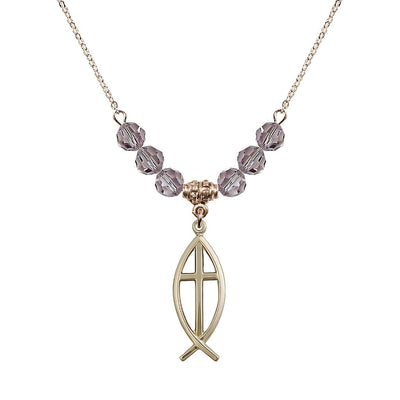 Fish Cross Crystal Light Amethyst Birthstone Necklace with 18" Chain, Medal 1", Bliss Manufacturing