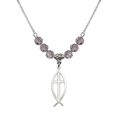 Fish Cross Crystal Birthstone Necklace with 18-inch Chain in Light Amethyst, Medal 1 inch tall by 3/8 inch wide, Bliss Manufacturing