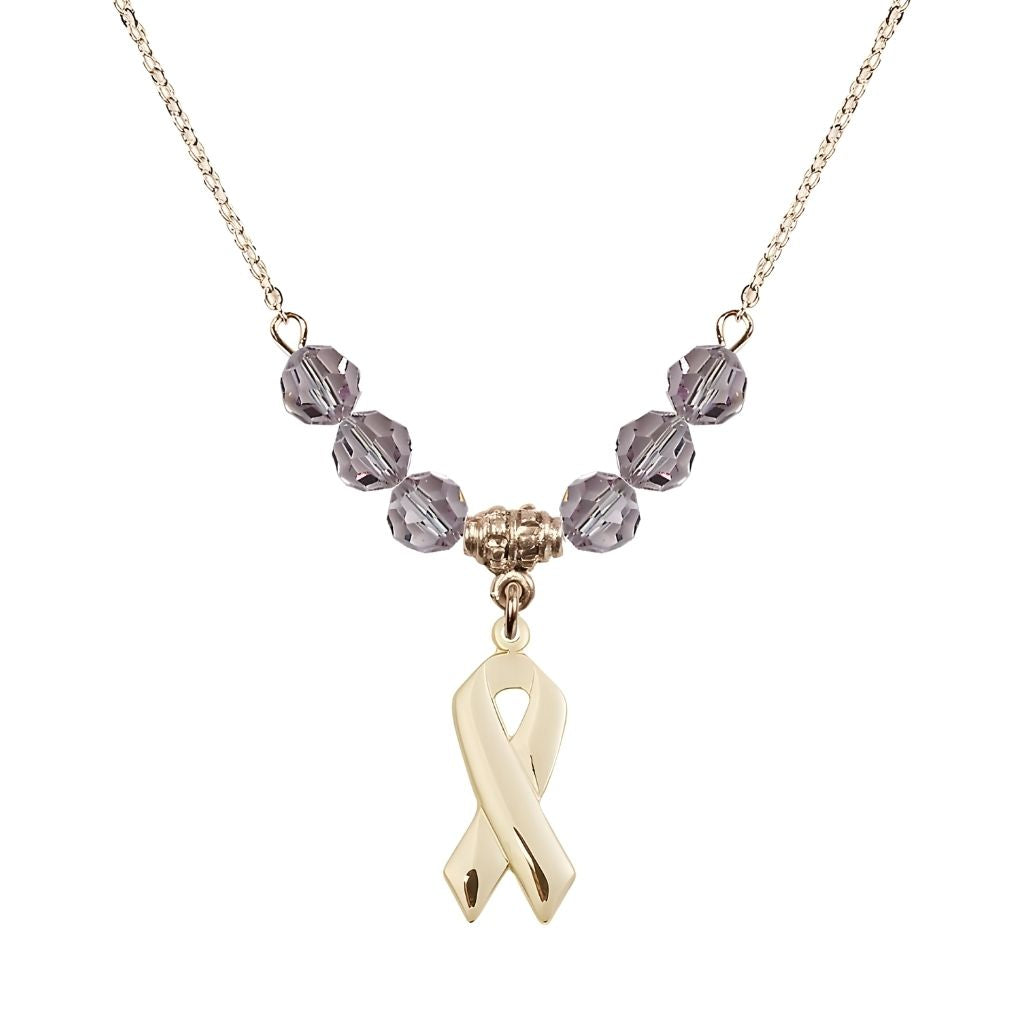 Bliss 14kt Gold-filled Cancer Awareness Ribbon Light Amethyst Birthstone Crystal Beaded Necklace, Charm Measures 7/8 inch tall by 3/8 inch wide