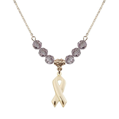 14kt Gold-filled Cancer Awareness Ribbon Light Amethyst Birthstone Crystal Beaded Necklace, Charm Measures 7/8 inch tall by 3/8 inch wide, Bliss Manufacturing