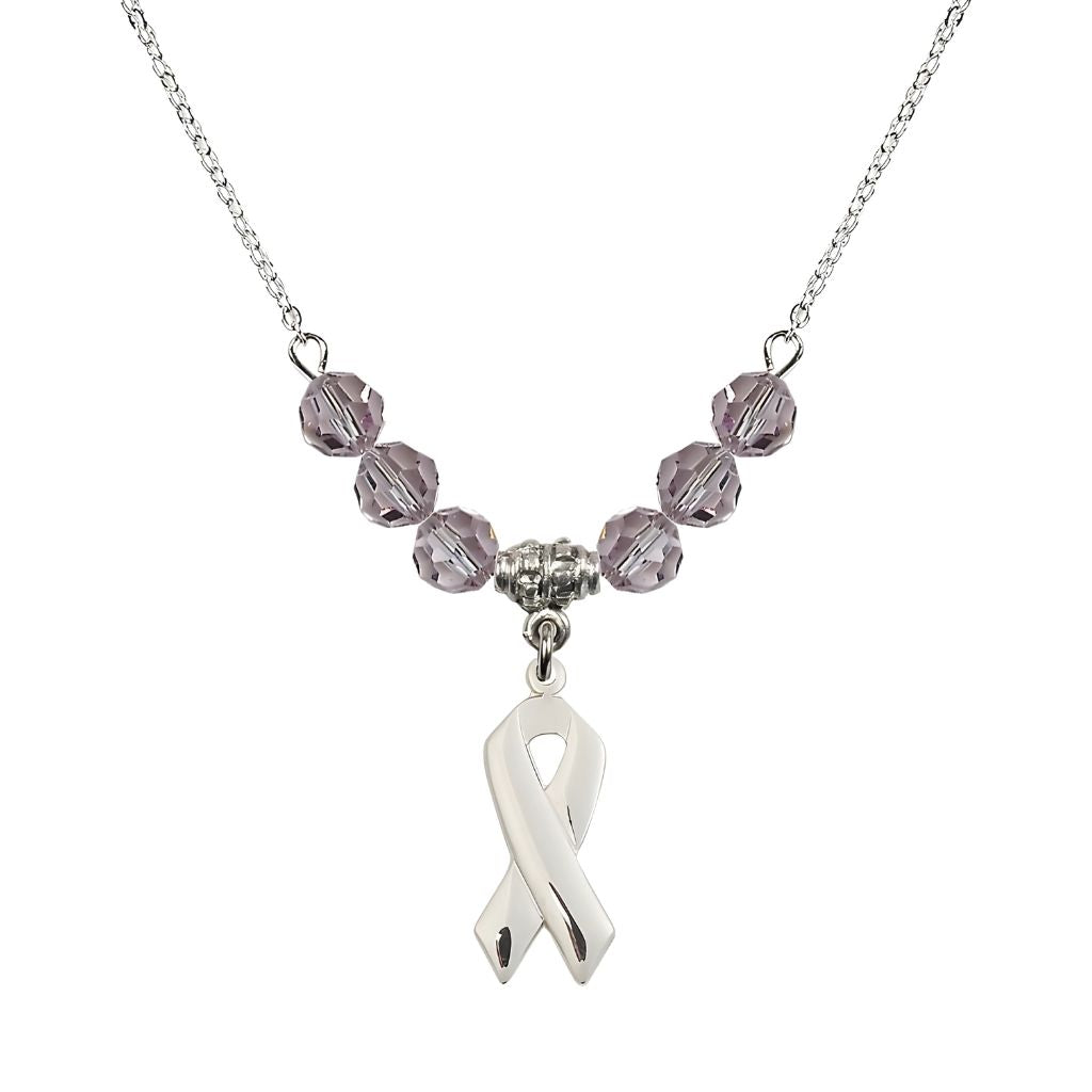 Bliss Sterling Silver Cancer Awareness Ribbon Light Amethyst Birthstone Crystal Beaded Necklace, Charm Measures 7/8 inch tall by 3/8 inch wide