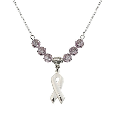 Sterling Silver Cancer Awareness Ribbon Light Amethyst Birthstone Crystal Beaded Necklace, Charm Measures 7/8 inch tall by 3/8 inch wide, Bliss Manufacturing