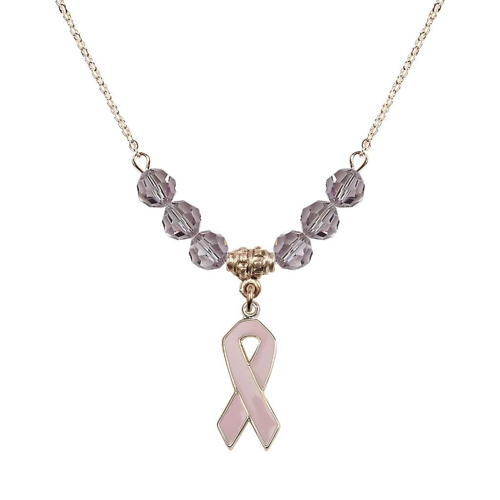 Bliss Gold-filled Breast Cancer Awareness Pink Ribbon Light Amethyst Crystal Beaded Necklace, Measures 7/8-inch tall by 1/4-inch wide