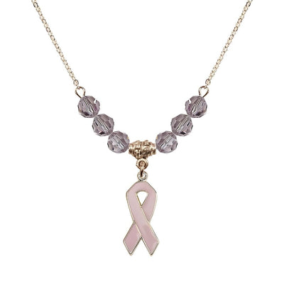 Gold-filled Breast Cancer Awareness Pink Ribbon Light Amethyst Crystal Beaded Necklace, Measures 7/8-inch tall by 1/4-inch wide, Bliss Manufacturing