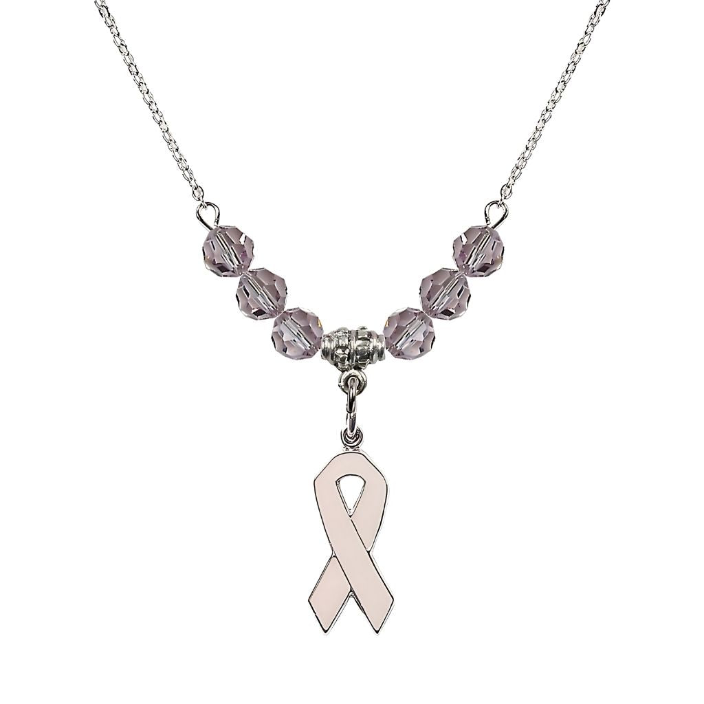 Bliss Sterling Silver Breast Cancer Awareness Pink Ribbon Light Amethyst Crystal Beaded Necklace, Measures 7/8-inch tall by 1/4-inch wide