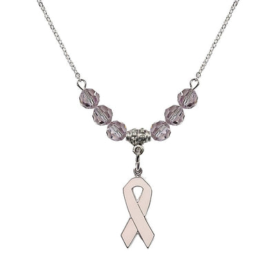 Sterling Silver Breast Cancer Awareness Pink Ribbon Light Amethyst Crystal Beaded Necklace, Measures 7/8-inch tall by 1/4-inch wide, Bliss Manufacturing