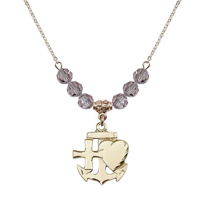 Christian Faith, Hope and Charity Gold-filled 6mm Light Amethyst Crystal Birthstone Necklace, Bliss Manufacturing