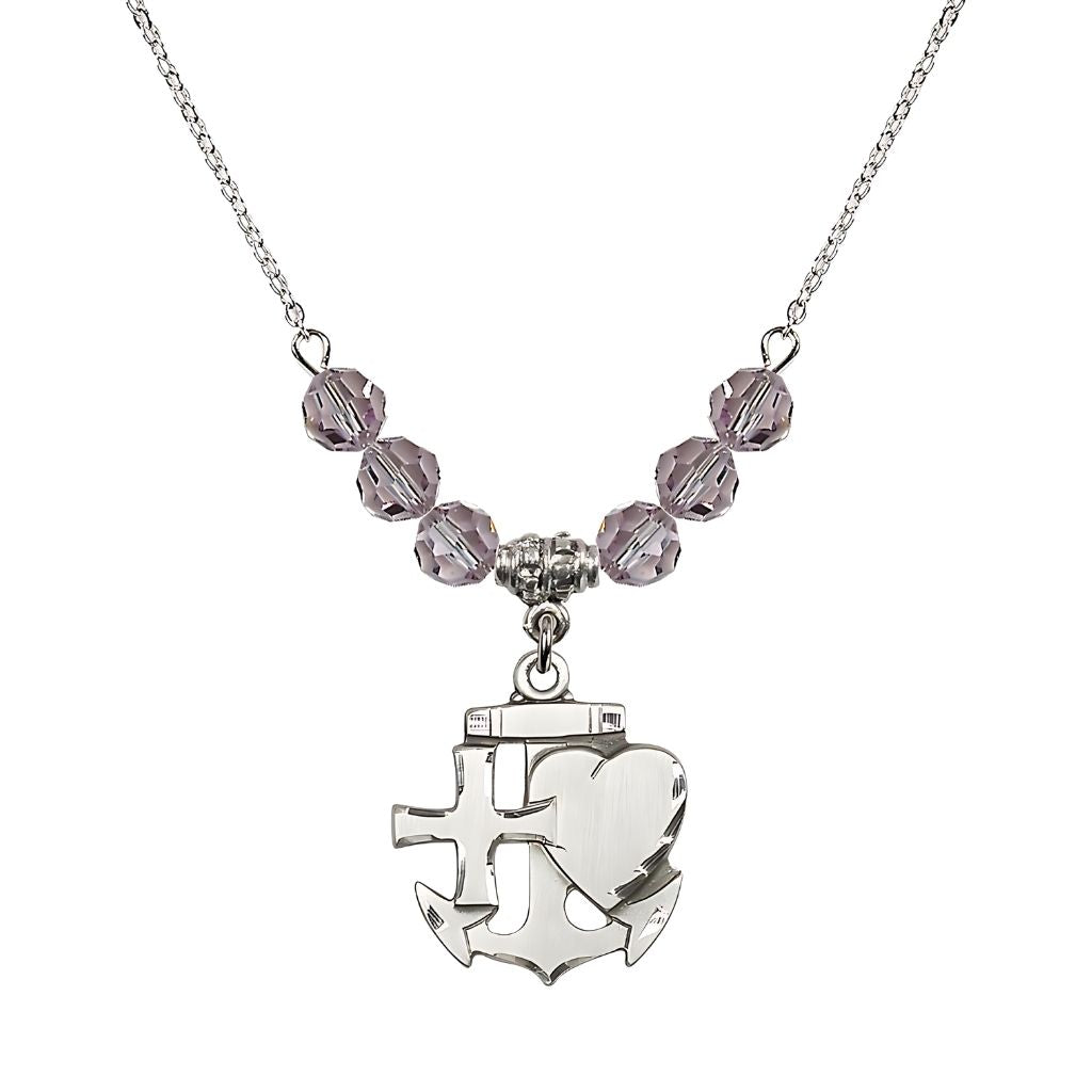 Bliss Christian Faith, Hope and Charity Sterling Silver 6mm Light Amethyst Crystal Birthstone Necklace, Medal Measures 7/8-inch tall by 3/4-inch wide