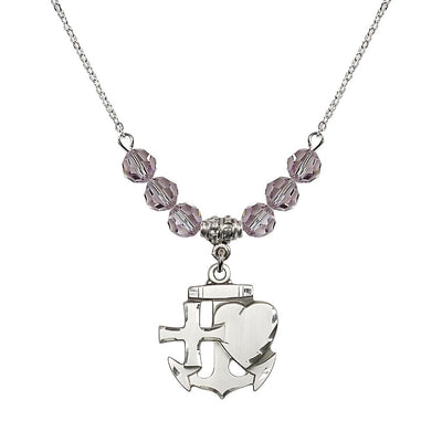 Christian Faith, Hope and Charity Sterling Silver 6mm Light Amethyst Crystal Birthstone Necklace, Medal Measures 7/8-inch tall by 3/4-inch wide, Bliss Manufacturing