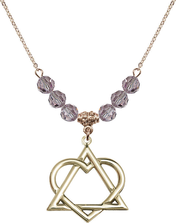 Hamilton Gold Plated Necklace with 6mm Light Amethyst Crystal Beads featuring a 14kt Gold Filled Adoption Heart Medal,