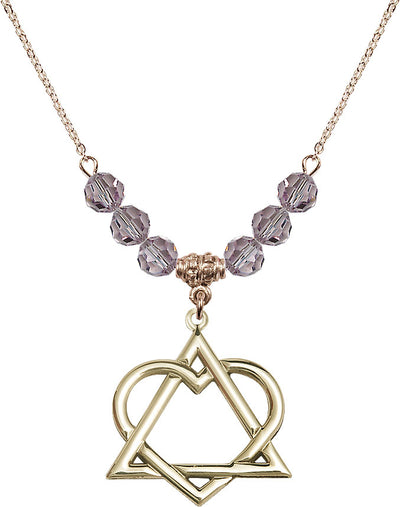 Hamilton Gold Plated Necklace with 6mm Light Amethyst Crystal Beads featuring a 14kt Gold Filled Adoption Heart Medal, Bliss Manufacturing
