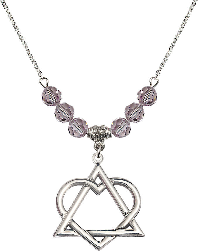 18" Rhodium Plated Necklace with 6mm Light Amethyst Crystal Beads featuring a Sterling Silver Adoption Heart Medal,