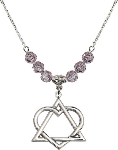 18" Rhodium Plated Necklace with 6mm Light Amethyst Crystal Beads featuring a Sterling Silver Adoption Heart Medal, Bliss Manufacturing