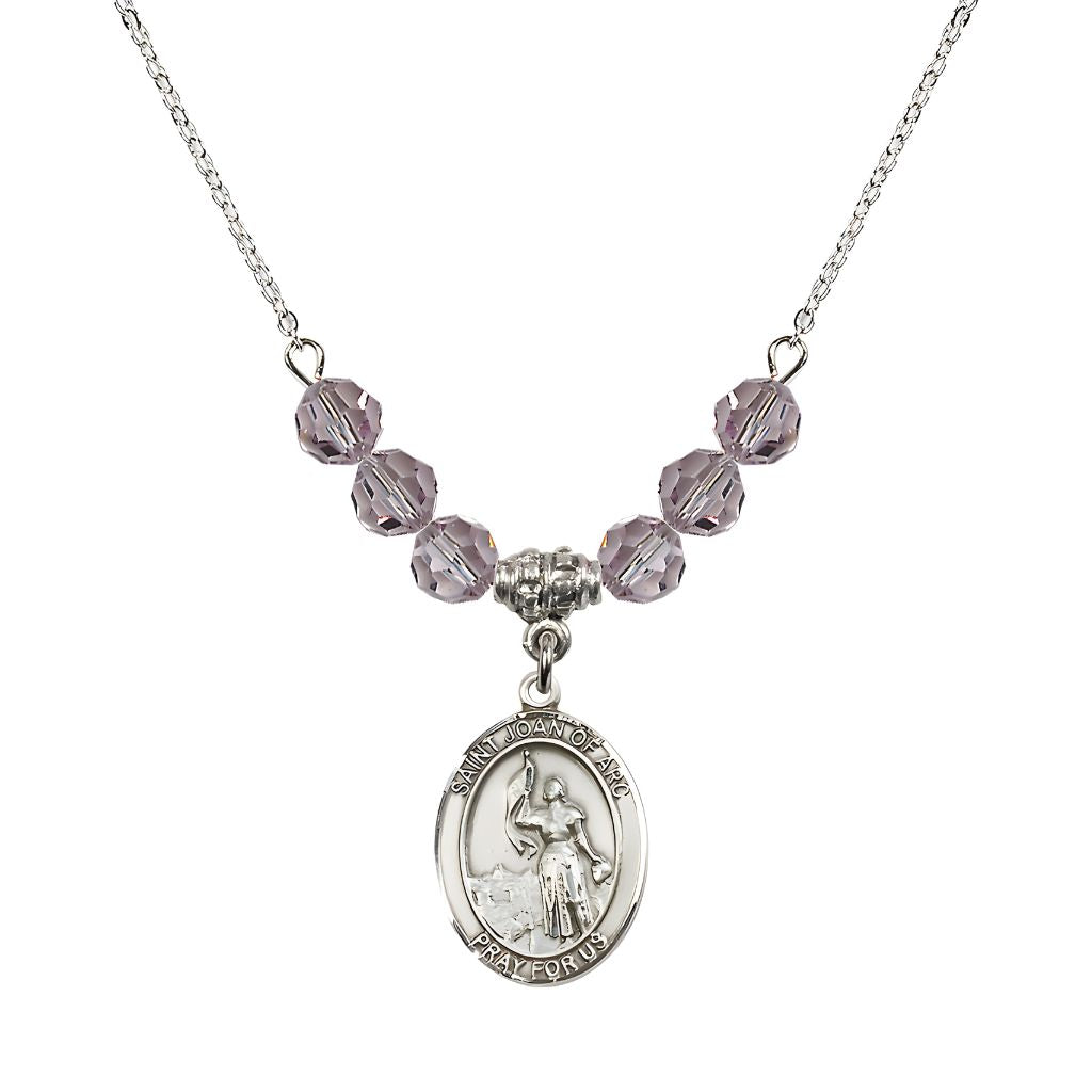 Bliss St. Joan of Arc Oval Sterling Silver 6mm Light Amethyst Austrian Crystal Beaded Necklace, Measures 3/4 inch tall by 1/2-inch wide, Gift Box.