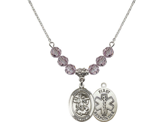 Bliss 1st Responder St Michael Sterling Silver Beaded Necklace in Light Amethyst,